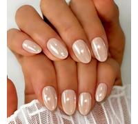 SXVME Chrome Nude Press on Nails Short Oval, 32 Pcs 16 Sizes Natural Glazed False Nails with Sparkle Mirror Design, Thick Shiny Glitter Fake Nails Almond, Stick on Nail for Women Manicure Gift