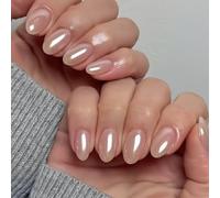SXVME Chrome Nude Press on Nails Short Oval, Short False Nails Almond, Glossy Glazed Glitter Fake Nails Set, Sparkly Bling, Reusable Round Acrylic Stick on Nail for Women 24 Pcs