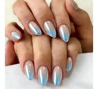 SXVME Chrome Ombre Press On Nails Short Almond, 30 Pcs Glazed Gradient Blue False Nails With Shimmer Mirror Effect, Reusable Thick Donut Bling Fake Nails Press ons for Women Everyday Wear