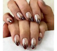 SXVME Chrome Ombre Press On Nails Short Almond, 30 Pcs Glazed Gradient Brown False Nails With Shimmer Mirror Effect, Reusable Thick Donut Bling Fake Nails Press ons for Women Everyday Wear