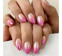 SXVME Chrome Ombre Press On Nails Short Almond, 30 Pcs Glazed Gradient Hot Pink False Nails With Shimmer Mirror Effect, Reusable Thick Donut Bling Fake Nails Press ons for Women Summer Wear