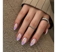 SXVME Chrome Ombre Press On Nails Short Almond, 30 Pcs Glazed Gradient Lilac False Nails With Shimmer Mirror Effect, Reusable Thick Donut Bling Fake Nails Press ons for Women Everyday Wear