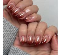 SXVME Chrome Ombre Press on Nails Short Oval, Gradient Brown Glazed False Nails Short Round, French Fake Nails Press ons, Salon Quality Manicure, Full Cover Acrylic Glue on Nail For Women, 30 Pcs