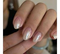 SXVME Chrome Ombre Press on Nails Short Oval, Gradient White Pink False Nails Short Round, Glitter Fake Nails Press ons Handmade of Gel, Natural Full Cover Acrylic Glue on Nail For Women, 24 Pcs