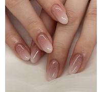 SXVME Chrome Ombre Press on Nails Short Oval, Gradient White Pink False Nails Short Round, Glitter Fake Nails Press ons Handmade of Gel, Natural Full Cover Acrylic Glue on Nail For Women, 24 Pcs