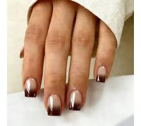 SXVME Chrome Ombre Press On Nails Short Square, 30 Pcs Glazed Gradient Brown False Nails With Shimmer Mirror Effect, Reusable Thick Donut Bling Fake Nails Press ons for Women Everyday Wear