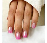 SXVME Chrome Ombre Press On Nails Short Square, 30 Pcs Glazed Gradient Hot Pink False Nails With Shimmer Mirror Effect, Reusable Thick Donut Bling Fake Nails Press ons for Women Summer Wear