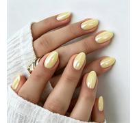 SXVME Chrome Pastel Yellow Press on Nails Short Oval, 32 Pcs 16 Sizes Glazed False Nails with Sparkle Mirror Design, Thick Shiny Glitter Fake Nails Almond, Stick on Nail for Women Manicure Gift