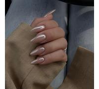 SXVME Chrome Press on Nails Almond Medium, Glazed Nude Pink False Nails with a Velvet Mirror Finish, Shimmer Fake Nails Press ons, Stiletto Acrylic Stick on Nails for Women Wedding Decoration 24 Pcs