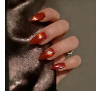 SXVME Chrome Press on Nails Almond Medium, Glazed Orange Red False Nails with a Velvet Mirror Finish, Shimmer Fake Nails Press ons, Stiletto Acrylic Stick on Nails for Women Decoration 24 Pcs