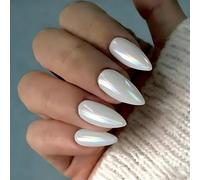 SXVME Chrome Press on Nails Almond Medium, Glazed White False Nails with a Velvet Iridescent Mirror Finish, Shimmer Fake Nails Press ons, Stiletto Acrylic Stick on Nails for Women Decoration 24 Pcs