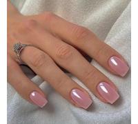 SXVME Chrome Press On Nails Medium Square, Glazed Rose Pink With Glitter Shine, Short Acrylic False Nails for Women Daily & Party Wear
