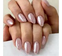 SXVME Chrome Press On Nails Short Almond, 30 Pcs Glazed Pale Pastel Pink False Nails With Shimmer Mirror Effect, Reusable Thick Quality, Donut Bling Fake Nails Press ons for Women Daily Wedding