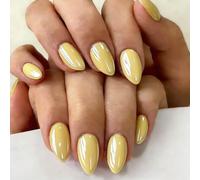 SXVME Chrome Press On Nails Short Almond, 30 Pcs Glazed Pastel Yellow False Nails With Shimmer Mirror Effect, Reusable Thick Quality, Donut Bling Fake Nails Press ons for Women Everyday Wear