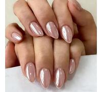 SXVME Chrome Press On Nails Short Almond, 30 Pcs Glazed Peach Nude Pink False Nails With Shimmer Mirror Effect, Reusable Thick Quality, Donut Bling Fake Nails Press ons for Women Daily Wedding