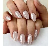 SXVME Chrome Press On Nails Short Almond, 30 Pcs Glazed Pearl White False Nails With Shimmer Mirror Effect, Reusable Thick Quality, Donut Bling Fake Nails Press ons for Women Daily Bride Wedding