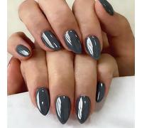SXVME Chrome Press On Nails Short Almond, 30 Pcs Glazed Smoky Gray False Nails With Shimmer Mirror Effect, Reusable Thick Quality, Donut Bling Fake Nails Press ons for Women Everyday Wear
