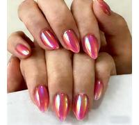 SXVME Chrome Press On Nails Short Almond, 30 Pcs Glazed Vibrant Hot Pink False Nails With Glitter Mirror Effect, Reusable Thick Iridescent Cat Eye Fake Nails Press ons for Women Summer, Fushia