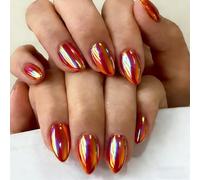 SXVME Chrome Press On Nails Short Almond, 30 Pcs Glazed Vibrant Orange Red False Nails With Shimmer Mirror Effect, Reusable Thick Vibrant Iridescent Fake Nails Press ons for Women Party Wear
