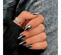 SXVME Chrome Press on Nails Short Almond, Metallic Smoky Gray False Nails with a Sparkle Mirror Finish, Glitter Fake Nails for Women, Salon Quality, Stick on Nail Press ons Short Stiletto 30 Pcs