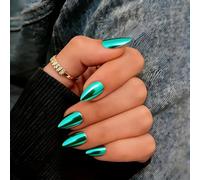 SXVME Chrome Press on Nails Short Almond, Metallic Teal Green False Nails with a Sparkle Mirror Finish, Glitter Fake Nails for Women, Salon Quality, Stick on Nail Press ons Short Stiletto 30 Pcs