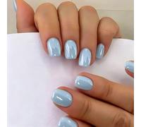 SXVME Chrome Press On Nails Short Square, 30 Pcs Glazed Baby Blue False Nails Short with Mirror Finish, Sparkly Bling Fake Nails Press on, Soft Gel Stick on Nail for Women Cute Manicure