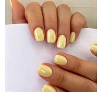 SXVME Chrome Press On Nails Short Square, 30 Pcs Glazed Bright Yellow False Nails Short with Mirror Finish, Sparkly Bling Fake Nails Press on, Soft Gel Stick on Nail for Women Cute Manicure