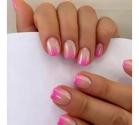 SXVME Chrome Press On Nails Short Square, 30 Pcs Glazed Ombre Hot Pink False Nails Short with Mirror Finish, Sparkly Nude French Fake Nails Press on, Soft Gel Stick on Nail for Women Cute Manicure