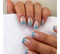 SXVME Chrome Press On Nails Short Square, 30 Pcs Glazed Ombre Teal Blue False Nails Short with Mirror Finish, Sparkly Nude French Fake Nails Press on, Soft Gel Stick on Nail for Women Cute Manicure