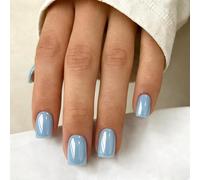 SXVME Chrome Press On Nails Short Square, 30 Pcs Glazed Pastel Baby Blue False Nails With Shimmer Mirror Effect, Reusable Thick Quality, Donut Bling Fake Nails Press ons for Women Daily Wear