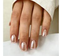 SXVME Chrome Press On Nails Short Square, 30 Pcs Glazed Pastel Nude False Nails With Shimmer Mirror Effect, Reusable Thick Quality, Donut Bling Fake Nails Press ons for Women Daily Wedding