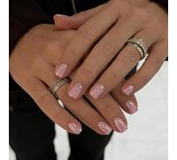 SXVME Chrome Press On Nails Short Square, 30 Pcs Glazed Pastel Nude Pink False Nails With Shimmer Mirror Effect, Reusable Thick Quality, Donut Bling Fake Nails Press ons for Women Daily Wedding