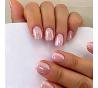 SXVME Chrome Press On Nails Short Square, 30 Pcs Glazed Peach Pink False Nails Short with Mirror Finish, Sparkly Bling Fake Nails Press on, Soft Gel Stick on Nail for Women Cute Manicure