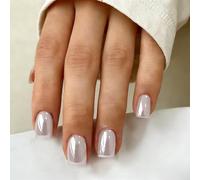 SXVME Chrome Press On Nails Short Square, 30 Pcs Glazed Pearl White False Nails With Shimmer Mirror Effect, Reusable Thick Quality, Donut Bling Fake Nails Press ons for Women Daily Wedding