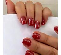 SXVME Chrome Press On Nails Short Square, 30 Pcs Glazed Red False Nails Short with Mirror Finish, Sparkly Bling Fake Nails Press on, Soft Gel Stick on Nail for Women Cute Manicure