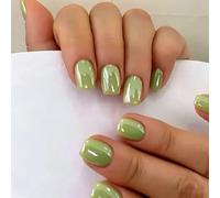 SXVME Chrome Press On Nails Short Square, 30 Pcs Glazed Sage Green False Nails Short with Mirror Finish, Sparkly Bling Fake Nails Press on, Soft Gel Stick on Nail for Women Cute Manicure