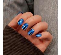 SXVME Chrome Press on Nails Short Square, Metallic Royal Blue False Nails with a Sparkle Mirror Finish, Glitter Fake Nails for Women, Salon Quality, Stick on Nail Press ons Short Coffin 30 Pcs