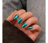 SXVME Chrome Press on Nails Short Square, Metallic Teal Green False Nails with a Sparkle Mirror Finish, Glitter Fake Nails for Women, Salon Quality, Stick on Nail Press ons Short Coffin 30 Pcs