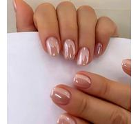 SXVME Chrome Press On Nails Short Square, Nude Pink False Nails Short Coffin with Glazed Finish, Glitter Acrylic Fake Nails Press on Cute, Small Gel Stick on Nail for Women Daily Wedding Wear