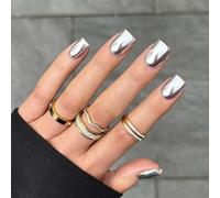 SXVME Chrome Short Square Press-on Nails - Metallic Silver White with Glitter Shine - Mirror Acrylic for Daily & Party Wear