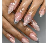 SXVME Chrome Sliver French Tip False Nails Medium Almond, 24 Pcs Pink Press On Nails with 3D Shell Design, Full Cover Acrylic, Glitter, 24 Nails per Set