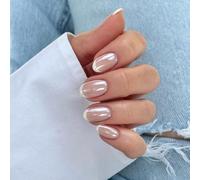 SXVME Chrome White French Tip False Nails, Short Oval, 24 Pieces (1 Set), Acrylic Material, Mirror Effect, Glazing Shine, Nude, Party & Daily Wear