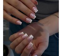 SXVME Chrome White French Tip Press On Nails Short Square, 30 Pcs Glazed Donut Light Pink False Nails Press ons With Mirror Effect, Reusable Long-Lasting Artificial Nails for Women Wedding