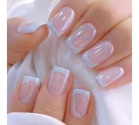 SXVME Chrome White French Tip Press On Nails Short Square, 30 Pcs Glazed Light Pink False Nails Press ons With Mirror Effect, Reusable Long-Lasting Bling Artificial Nails for Women Wedding