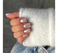 SXVME Chrome White French Tip Press On Nails Short Square, 30 Pcs Glazed Nude Pink False Nails Press ons With Mirror Effect, Reusable Long-Lasting Bling Artificial Nails for Women Wedding