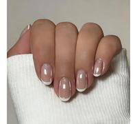 SXVME Chrome White Micros French Tip Press On Nails Short Oval, Glazed Short False Nails Almond, Salon Quality Manicure, Reusable Soft Gel Stick on Nails for Women Everyday Wear, 30 Pcs 15 Sizes