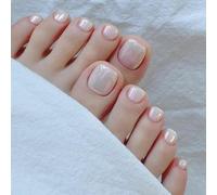 SXVME Chrome White Press on Toe Nails Short Square, Glazed Pearlesent Fake Toe Nails Glue on, Light Weight, Natural Soft Gel Full Cover Short False Toenails for Women Summer Pedicure in 32 Pcs