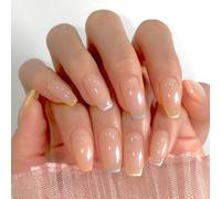 SXVME Colorful French Tip False Nails Medium Coffin, Natural Nude Press on Nails with Rainbow French Tips Designs, Glossy Gel Finish Acrylic Nails Press Ons for Women Daily Wear 24 Pcs