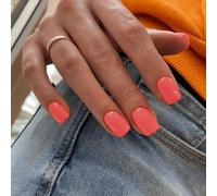 SXVME Coral Orange Press on Nails Short Square Acrylic Short False Nails Coffin Natural Acrylic Fake Nails Set Elegant Solid Color Full Cover Glossy Gel Stick on Nail for Women Daily Wear 24 Pcs