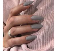 SXVME Dark Grey False Nails Medium, Acrylic Press on Nails Almond Solid Color Full Cover Fake Nails Medium Stiletto Stick on Nails for Women DIY Nail Art 24 Pcs